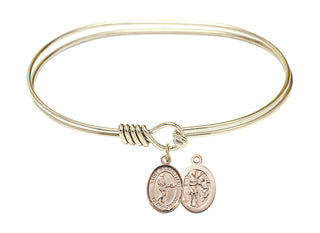 7 inch Oval Eye Hook Hamilton Gold Bangle Bracelet with a 14kt Gold Filled Saint Sebastian/Tennis charm.