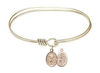 7 inch Oval Eye Hook Hamilton Gold Bangle Bracelet with a 14kt Gold Filled Saint Sebastian/Cheerleading charm.