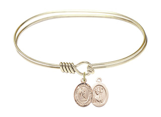 7 inch Oval Eye Hook Hamilton Gold Bangle Bracelet with a 14kt Gold Filled Saint Christopher / Rugby charm.