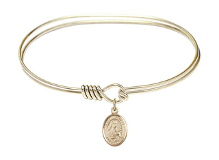 7 inch Oval Eye Hook Hamilton Gold Bangle Bracelet with a 14kt Gold Filled Saint Therese of Lisieux charm. Engraved Catholic Saint Jewelry