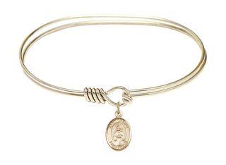 7 inch Oval Eye Hook Hamilton Gold Bangle Bracelet with a 14kt Gold Filled Saint Lillian charm. Engraved Catholic Saint Jewelry