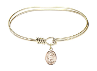 7 inch Oval Eye Hook Hamilton Gold Bangle Bracelet with a 14kt Gold Filled San Juan de la Cruz charm. Engraved Catholic Saint Jewelry