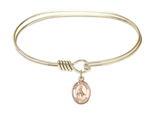 7 inch Oval Eye Hook Hamilton Gold Bangle Bracelet with a 14kt Gold Filled Saint Remigius of Reims charm. Engraved Catholic Saint Jewelry