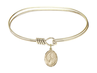7 inch Oval Eye Hook Hamilton Gold Bangle Bracelet with a 14kt Gold Filled Saint Finnian of Clonard charm. Engraved Catholic Saint Jewelry