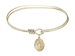 7 inch Oval Eye Hook Hamilton Gold Bangle Bracelet with a 14kt Gold Filled Saint Wolfgang charm. Engraved Catholic Saint Jewelry