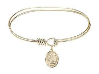 7 inch Oval Eye Hook Hamilton Gold Bangle Bracelet with a 14kt Gold Filled Saint Edburga of Winchester charm. Engraved Catholic Saint Jewelry