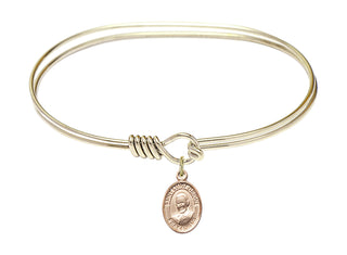 7 inch Oval Eye Hook Hamilton Gold Bangle Bracelet with a 14kt Gold Filled Saint Luigi Orione charm. Engraved Catholic Saint Jewelry