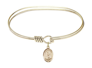 7 inch Oval Eye Hook Hamilton Gold Bangle Bracelet with a 14kt Gold Filled Saint Rafka charm. Engraved Catholic Saint Jewelry