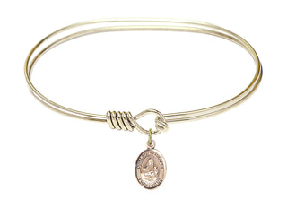 7 inch Oval Eye Hook Hamilton Gold Bangle Bracelet with a 14kt Gold Filled Our Lady of Grapes charm. Engraved Catholic Saint Jewelry