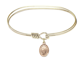 7 inch Oval Eye Hook Hamilton Gold Bangle Bracelet with a 14kt Gold Filled Saint Aidan of Lindesfarne charm. Engraved Catholic Saint Jewelry