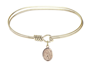 7 inch Oval Eye Hook Hamilton Gold Bangle Bracelet with a 14kt Gold Filled Our Lady of Assumption charm. Engraved Catholic Saint Jewelry