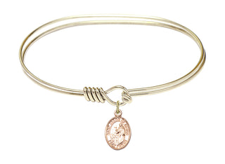 7 inch Oval Eye Hook Hamilton Gold Bangle Bracelet with a 14kt Gold Filled Saint Jacob of Nisibis charm. Engraved Catholic Saint Jewelry
