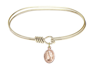 7 inch Oval Eye Hook Hamilton Gold Bangle Bracelet with a 14kt Gold Filled Saint Jeanne Chezard de Matel charm. Engraved Catholic Saint Jewelry