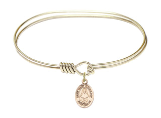 7 inch Oval Eye Hook Hamilton Gold Bangle Bracelet with a 14kt Gold Filled Saint Mary Mackillop charm. Engraved Catholic Saint Jewelry
