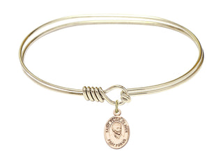 7 inch Oval Eye Hook Hamilton Gold Bangle Bracelet with a 14kt Gold Filled Saint Peter Claver charm. Engraved Catholic Saint Jewelry