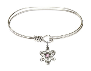 7 inch Oval Eye Hook Rhodium Bangle Bracelet with a Sterling Silver Chastity charm.
