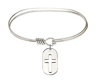 7 inch Oval Eye Hook Rhodium Bangle Bracelet with a Sterling Silver Cross Dog Tag charm.