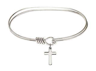 7 inch Oval Eye Hook Rhodium Bangle Bracelet with a Sterling Silver Cross charm.