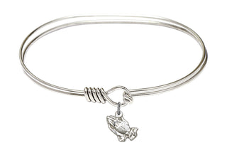 7 inch Oval Eye Hook Rhodium Bangle Bracelet with a Sterling Silver Praying Hands charm.