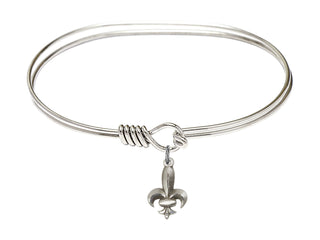7 inch Oval Eye Hook Rhodium Bangle Bracelet with a Sterling Silver Fleur de Lis charm.