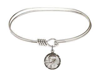 7 inch Oval Eye Hook Rhodium Bangle Bracelet with a Sterling Silver Scapular charm. Engraved Catholic Saint Jewelry