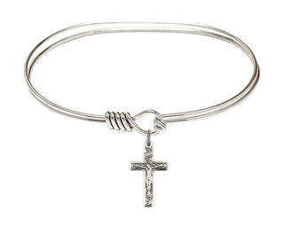 7 inch Oval Eye Hook Rhodium Bangle Bracelet with a Sterling Silver Crucifix charm.