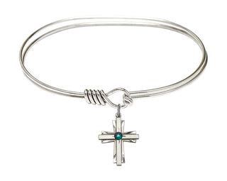 7 inch Oval Eye Hook Rhodium Bangle Bracelet with a Sterling Silver Cross charm.