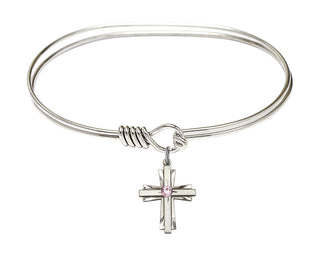 7 inch Oval Eye Hook Rhodium Bangle Bracelet with a Sterling Silver Cross charm.