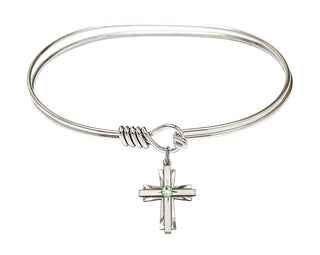 7 inch Oval Eye Hook Rhodium Bangle Bracelet with a Sterling Silver Cross charm.