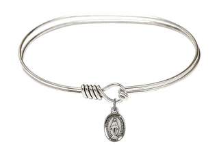 7 inch Oval Eye Hook Rhodium Bangle Bracelet with a Sterling Silver Miraculous charm.