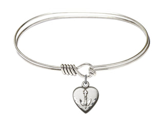 7 inch Oval Eye Hook Rhodium Bangle Bracelet with a Sterling Silver Heart / Confirmation charm.