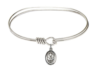 7 inch Oval Eye Hook Rhodium Bangle Bracelet with a Sterling Silver Confirmation charm.