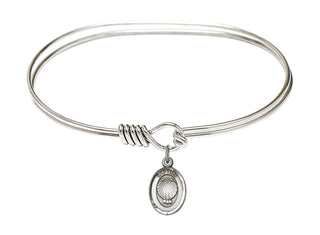 7 inch Oval Eye Hook Rhodium Bangle Bracelet with a Sterling Silver Baptism charm.