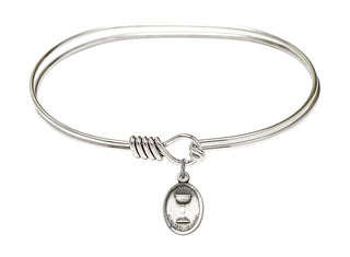 7 inch Oval Eye Hook Rhodium Bangle Bracelet with a Sterling Silver Holy Communion charm.