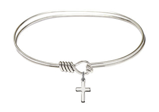 7 inch Oval Eye Hook Rhodium Bangle Bracelet with a Sterling Silver Cross charm.