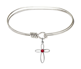 7 inch Oval Eye Hook Rhodium Bangle Bracelet with a Sterling Silver Loop Cross charm.