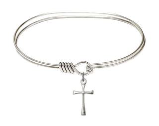 7 inch Oval Eye Hook Rhodium Bangle Bracelet with a Sterling Silver Maltese Cross charm.