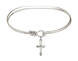 7 inch Oval Eye Hook Rhodium Bangle Bracelet with a Sterling Silver Cross charm.