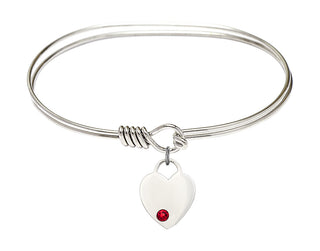 7 inch Oval Eye Hook Rhodium Bangle Bracelet with a Sterling Silver Heart charm. Engraved Catholic Saint Jewelry