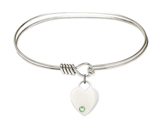 7 inch Oval Eye Hook Rhodium Bangle Bracelet with a Sterling Silver Heart charm. Engraved Catholic Saint Jewelry