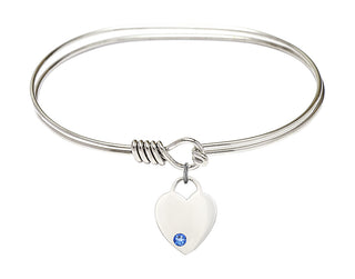 7 inch Oval Eye Hook Rhodium Bangle Bracelet with a Sterling Silver Heart charm. Engraved Catholic Saint Jewelry