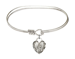 7 inch Oval Eye Hook Rhodium Bangle Bracelet with a Sterling Silver Our Lady of Guadalupe Heart charm.