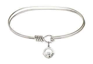 7 inch Oval Eye Hook Rhodium Bangle Bracelet with a Sterling Silver Claddagh charm.