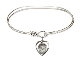 7 inch Oval Eye Hook Rhodium Bangle Bracelet with a Sterling Silver Scapular charm.