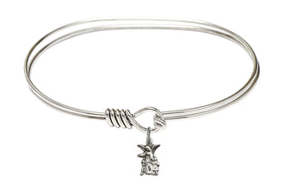 7 inch Oval Eye Hook Rhodium Bangle Bracelet with a Sterling Silver Littlest Angel charm.