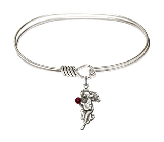 7 inch Oval Eye Hook Rhodium Bangle Bracelet with a Sterling Silver Guardian Angel charm.