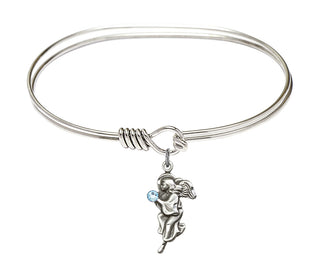 7 inch Oval Eye Hook Rhodium Bangle Bracelet with a Sterling Silver Guardian Angel charm.