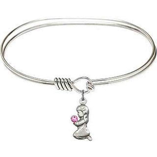 7 inch Oval Eye Hook Rhodium Bangle Bracelet with a Sterling Silver Praying Girl charm.