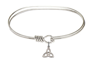 7 inch Oval Eye Hook Rhodium Bangle Bracelet with a Sterling Silver Trinity Irish Knot charm.