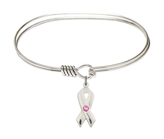 7 inch Oval Eye Hook Rhodium Bangle Bracelet with a Sterling Silver Cancer Awareness charm.